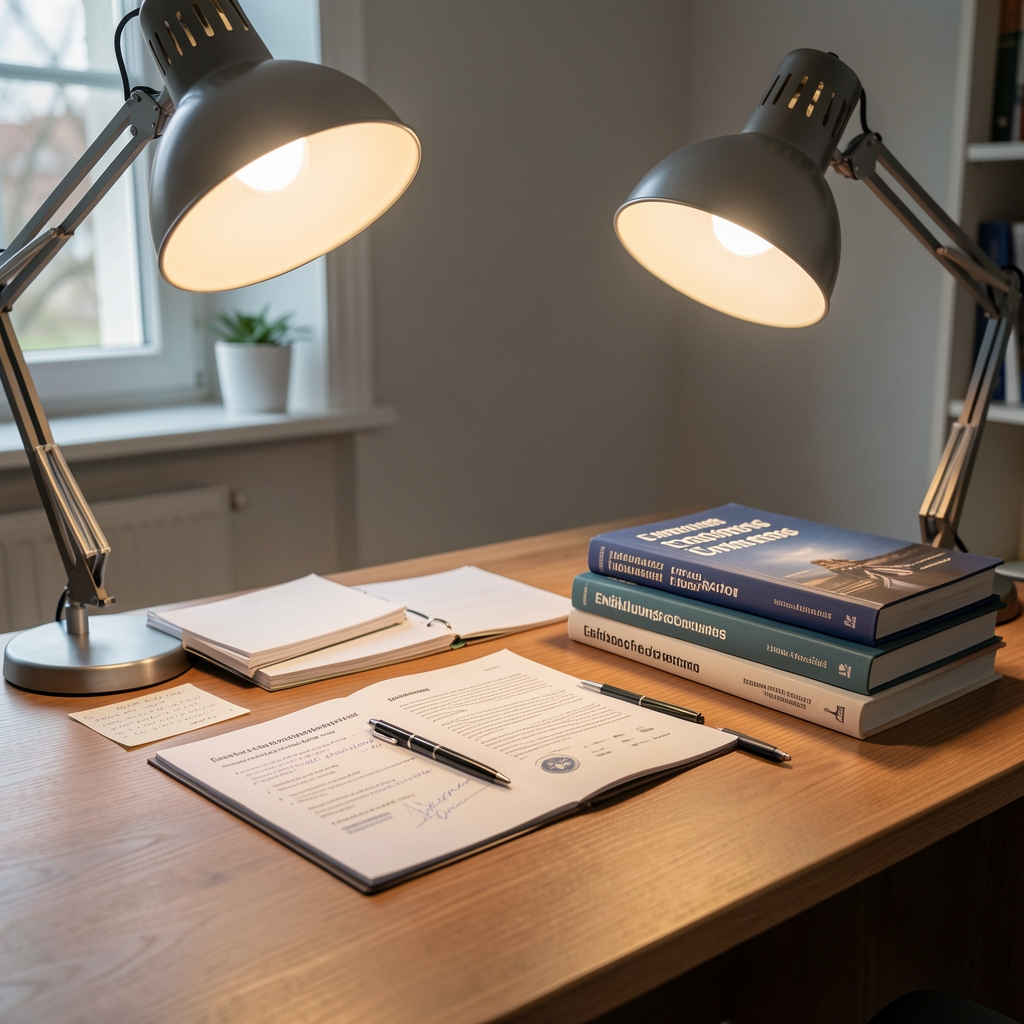 Ernährungsforschungsunterlagen auf einem Schreibtisch mit Notizen und Fachjournalen unter Studioleuchten