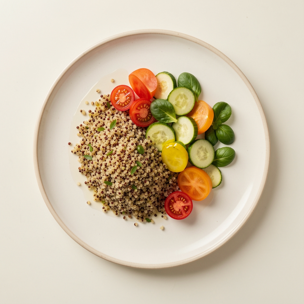 Overhead-Ansicht eines ausgewogenen Tellers mit Quinoa, frischem Gemüse und Olivenöl auf einem hellen Untergrund